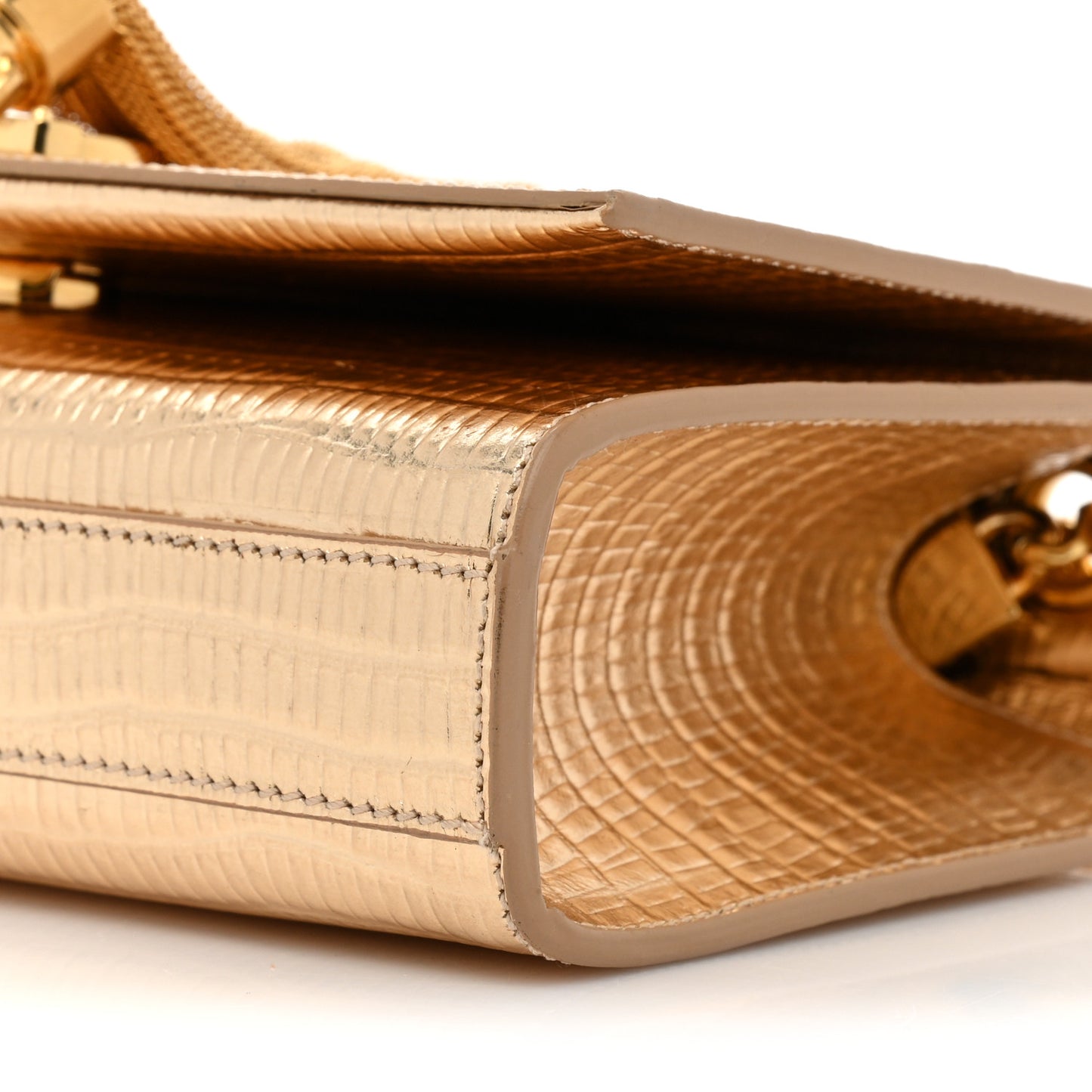 Metallic Calfskin Crocodile Embossed Small Classic Monogram Kate Tassel Satchel Gold