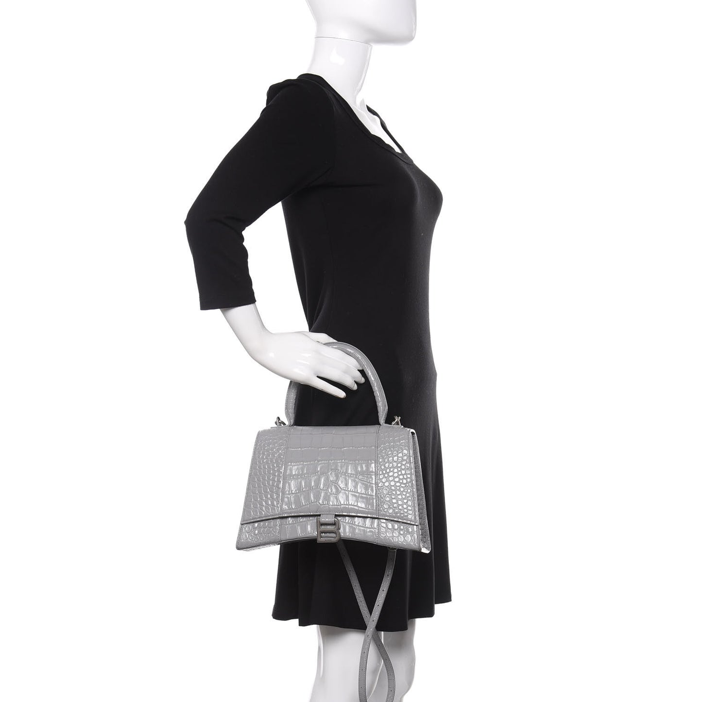 Shiny Calfskin Crocodile Embossed Medium Hourglass Top Handle Bag Balenciaga Grey
