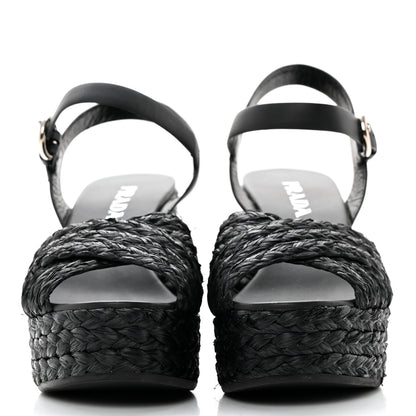 Prada Raffia Crisscross Wedge Sandals 39 Black 2 of 15