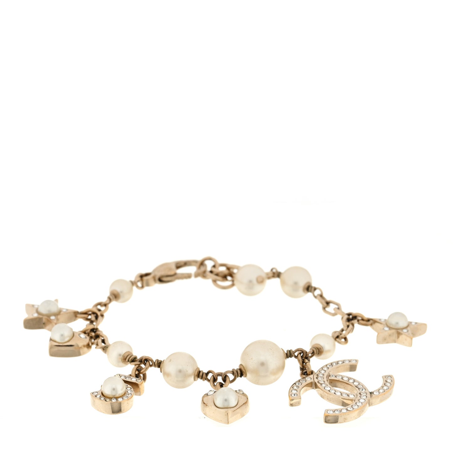 Crystal Pearl CC Charming Bracelet Gold