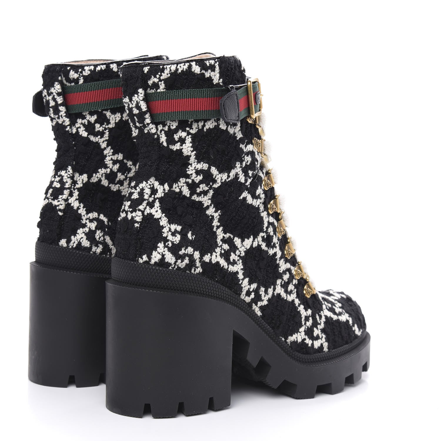 Gucci Tweed GG Monogram Lace Up Combat Ankle Boots 37 Black 4 of 8