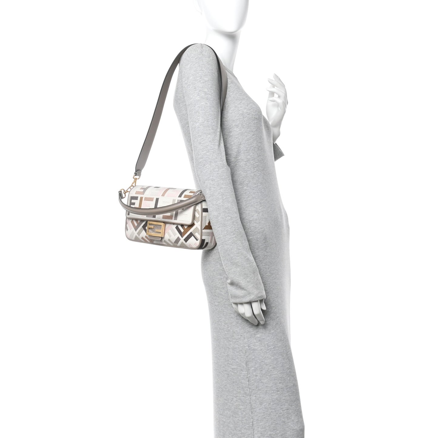 Canvas Vitello Seta FF Multicolor Embroidered Baguette Grezzo Multicolor Tortora