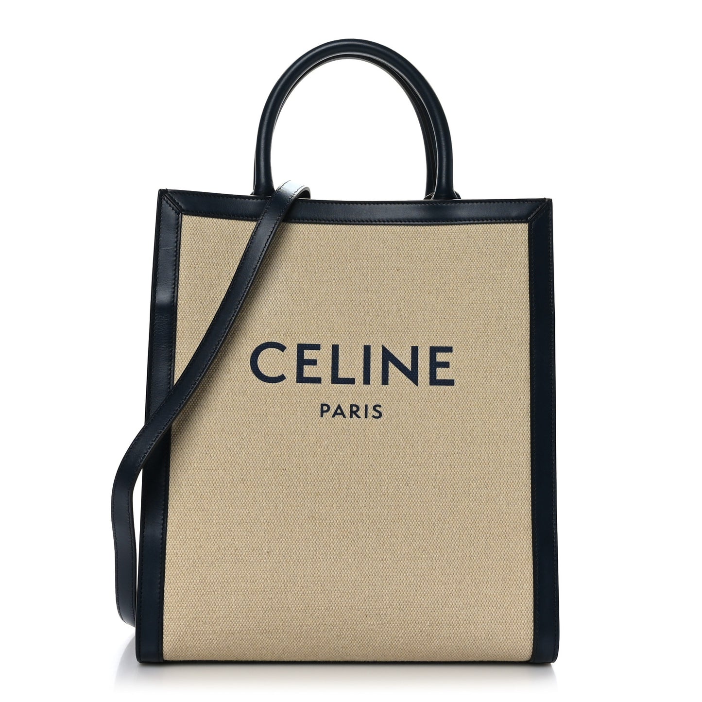 Canvas Calfskin Logo Print Small Vertical Cabas Natural Navy