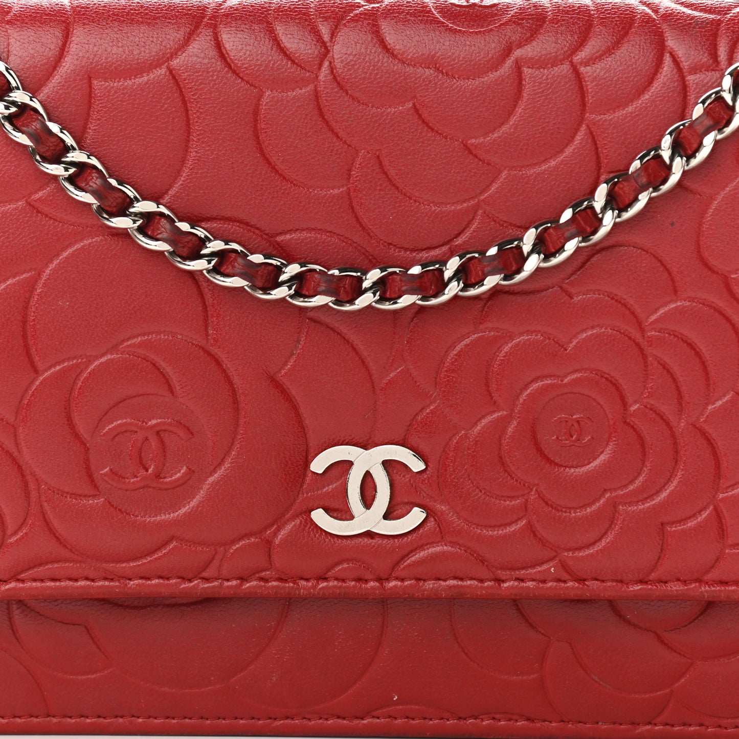 Lambskin Camellia Embossed Wallet On Chain WOC Red