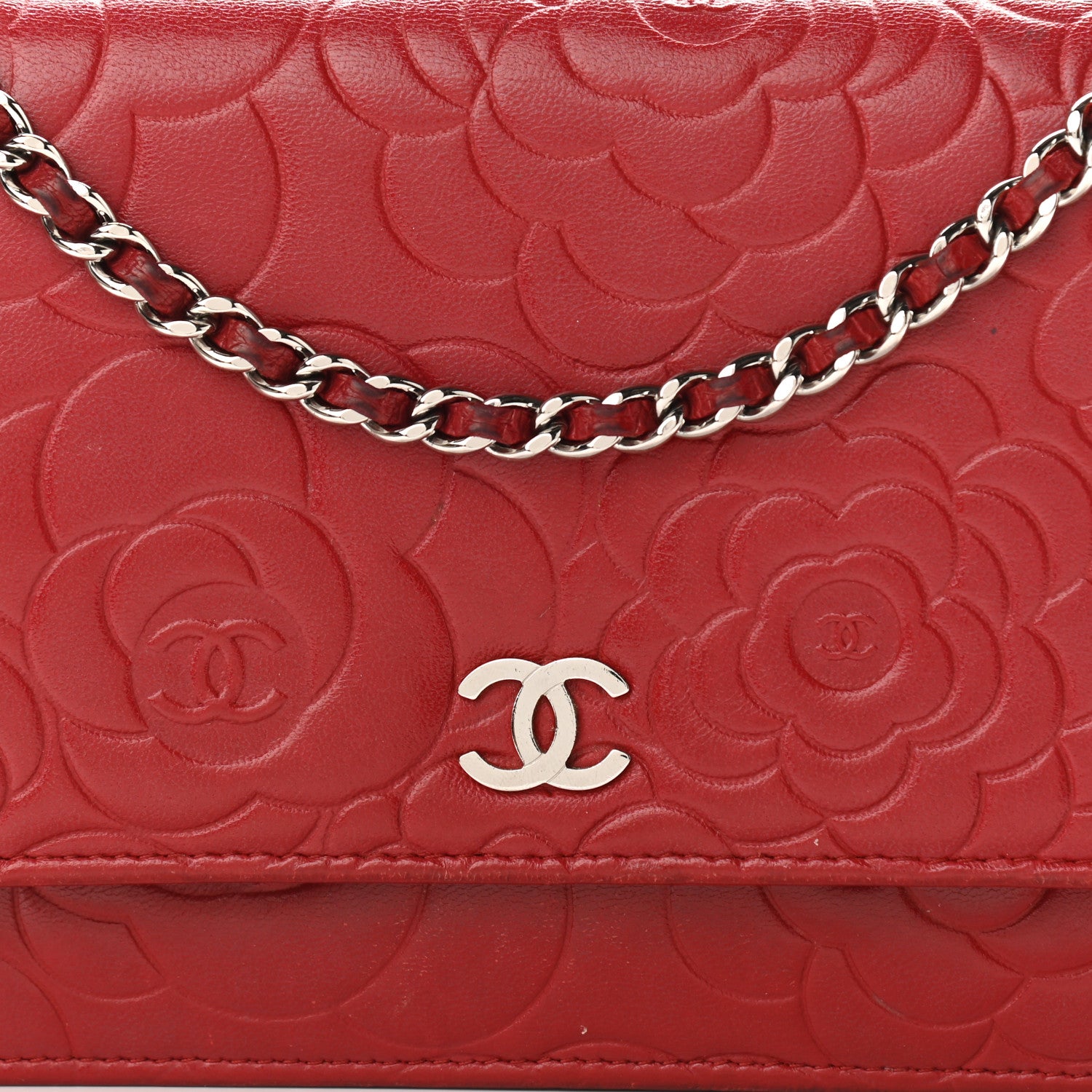 Chanel Lambskin Camellia Embossed Wallet On Chain WOC Red 9 of 13