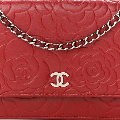 Chanel Lambskin Camellia Embossed Wallet On Chain WOC Red 9 of 13