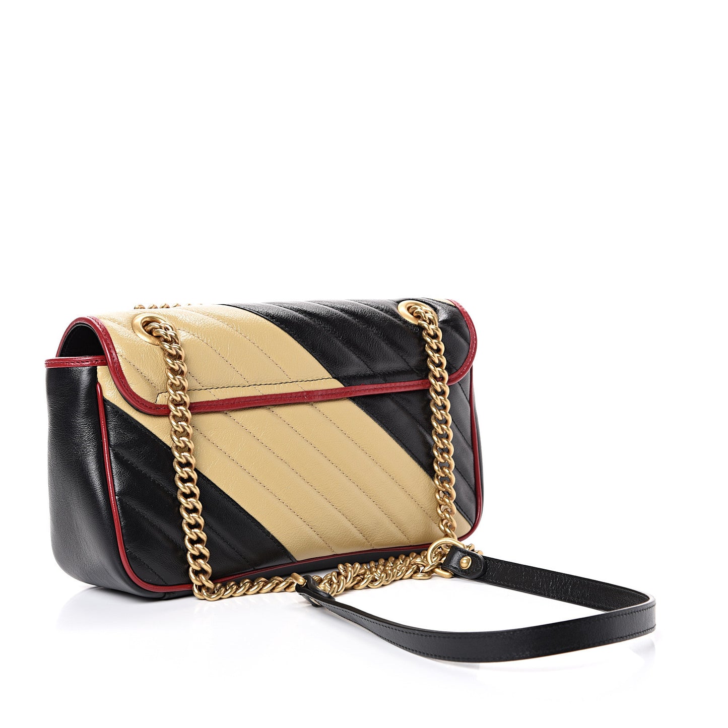 Vintage Effect Calfskin Matelasse Diagonal Striped Small Torchon GG Marmont Shoulder Bag Black Beige