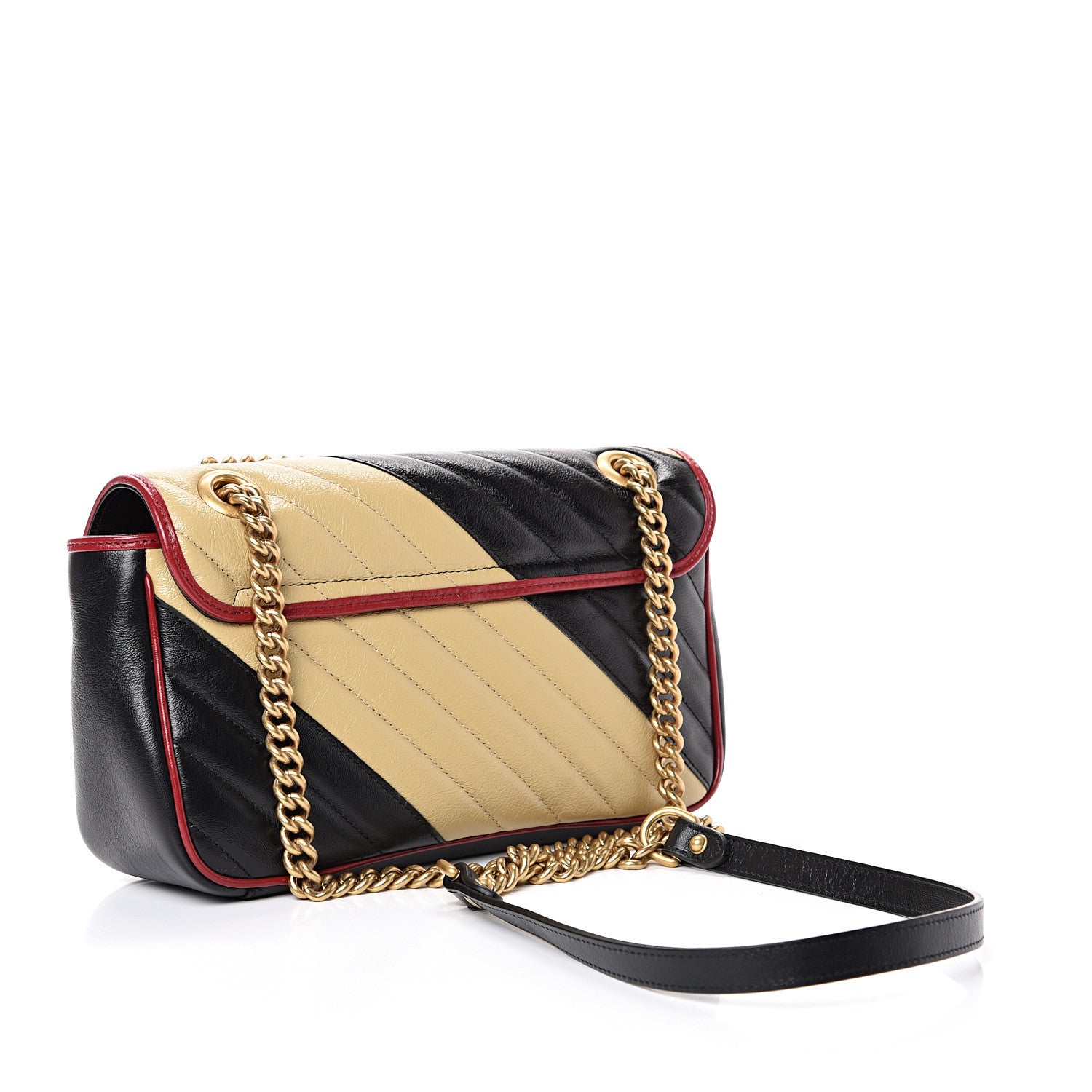 Gucci Vintage Effect Calfskin Matelasse Diagonal Striped Small Torchon GG Marmont Shoulder Bag Black Beige 2 of 9