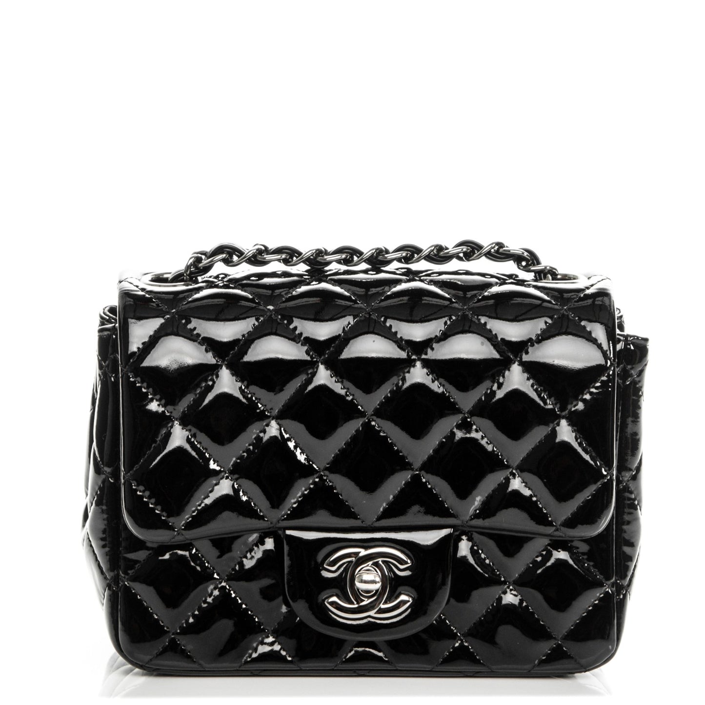 Patent Calfskin Quilted Mini Square Flap Black
