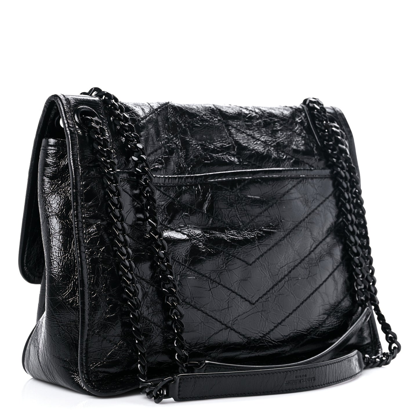 Crinkled Calfskin Matelasse Monogram Medium Niki Chain Satchel Black
