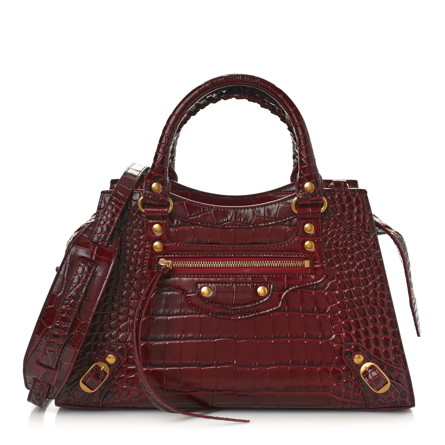 Balenciaga Shiny Supple Calfskin Crocodile Embossed Classic Gold Hardware S City Dark Red 1 of 8