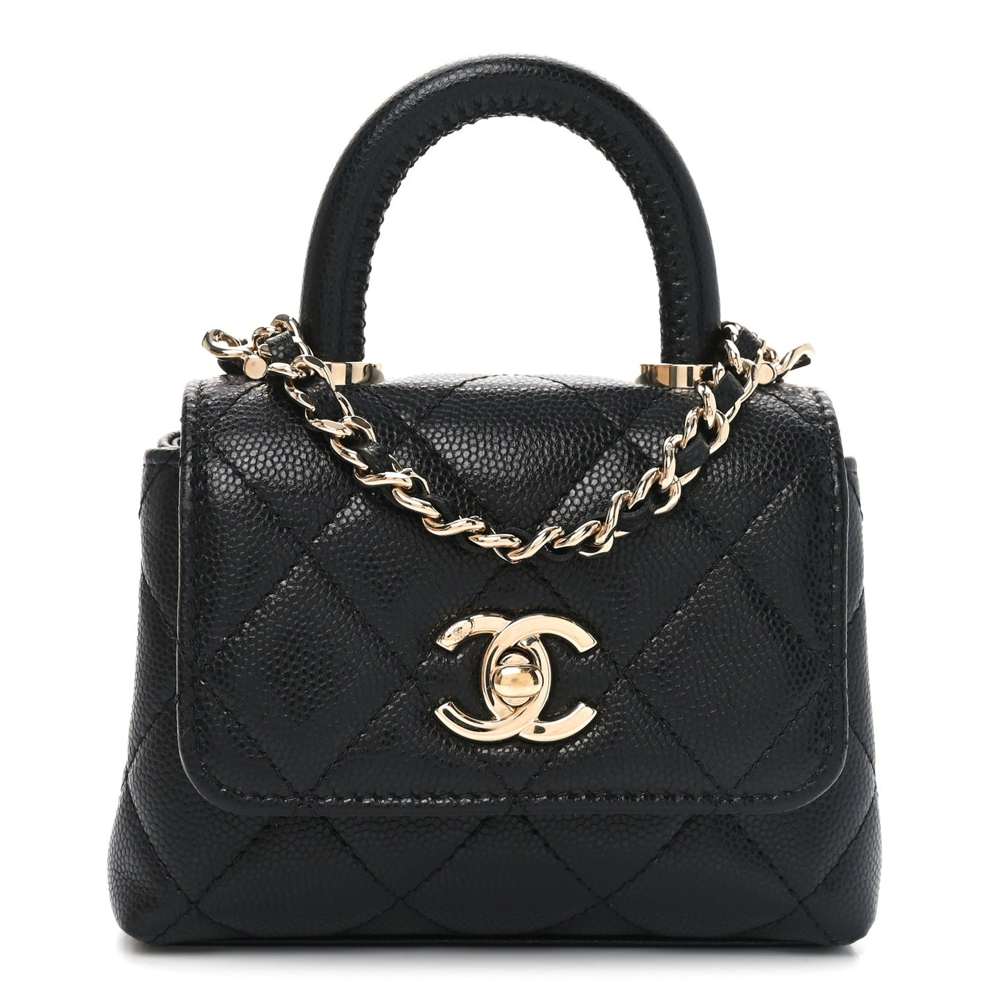 Caviar Quilted Nano Coco Handle Clutch With Chain Black