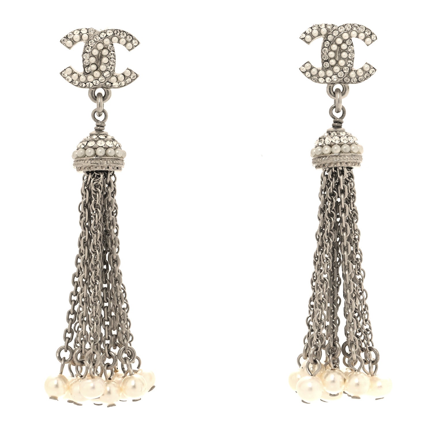 Chanel Pearl Crystal CC Drop Earrings Silver 1 of 5