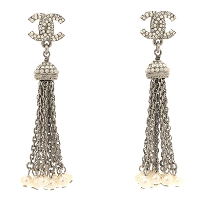 Chanel Pearl Crystal CC Drop Earrings Silver 1 of 5