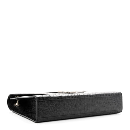 Saint Laurent Calfskin Crocodile Embossed Large Monogram Envelope Chain Shoulder Bag Black 4 of 10