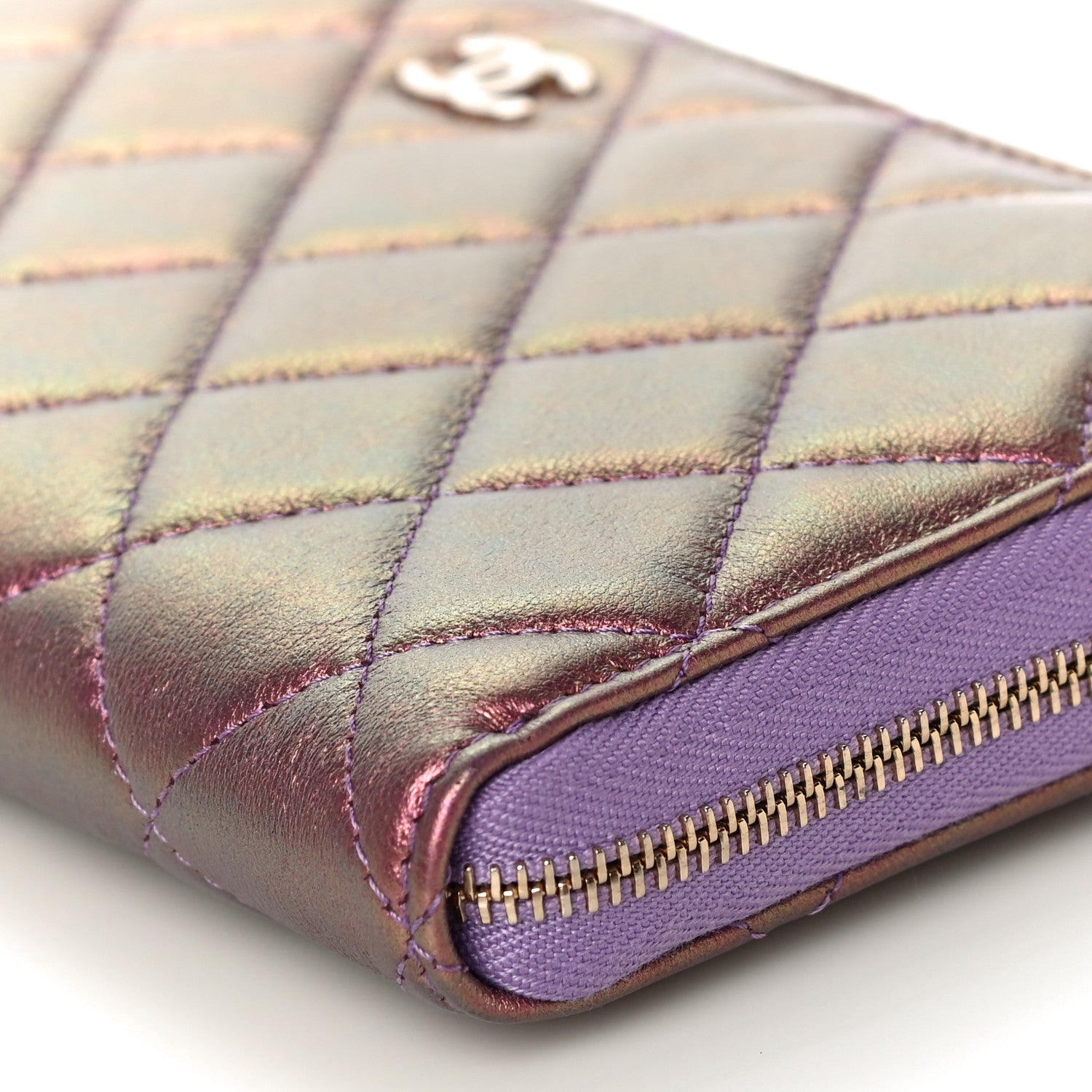 Chanel Iridescent Lambskin Quilted Large Gusset Zip Around Wallet Purple 10 of 12