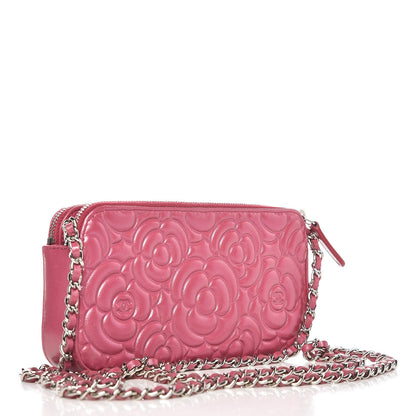 Chanel Lambskin Camellia Embossed Small Clutch With Chain Fuchsia 3 of 10