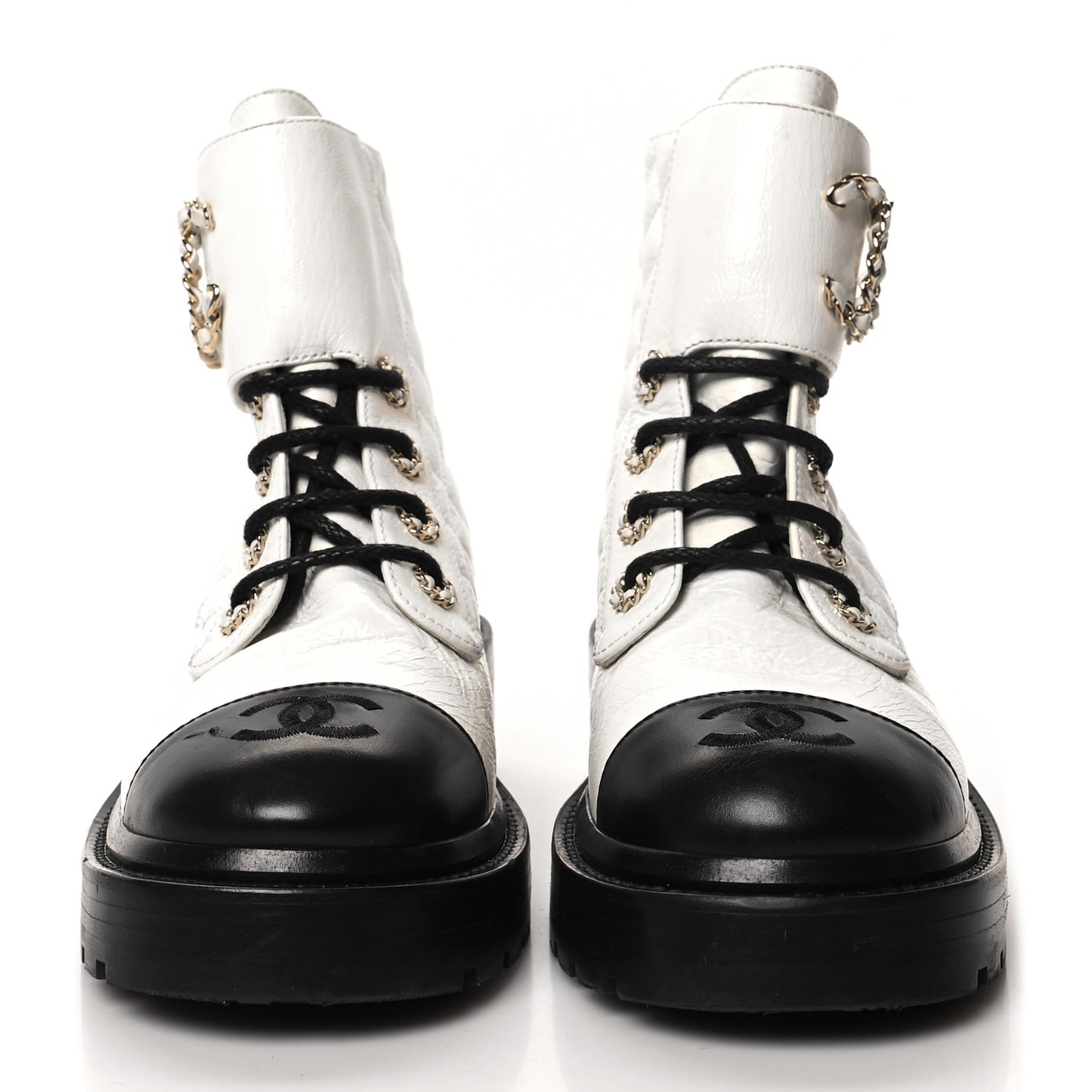 Shiny Lambskin Quilted Lace Up Combat Boots 36 White Black
