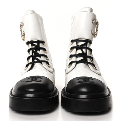 Chanel Shiny Lambskin Quilted Lace Up Combat Boots 36 White Black 2 of 7