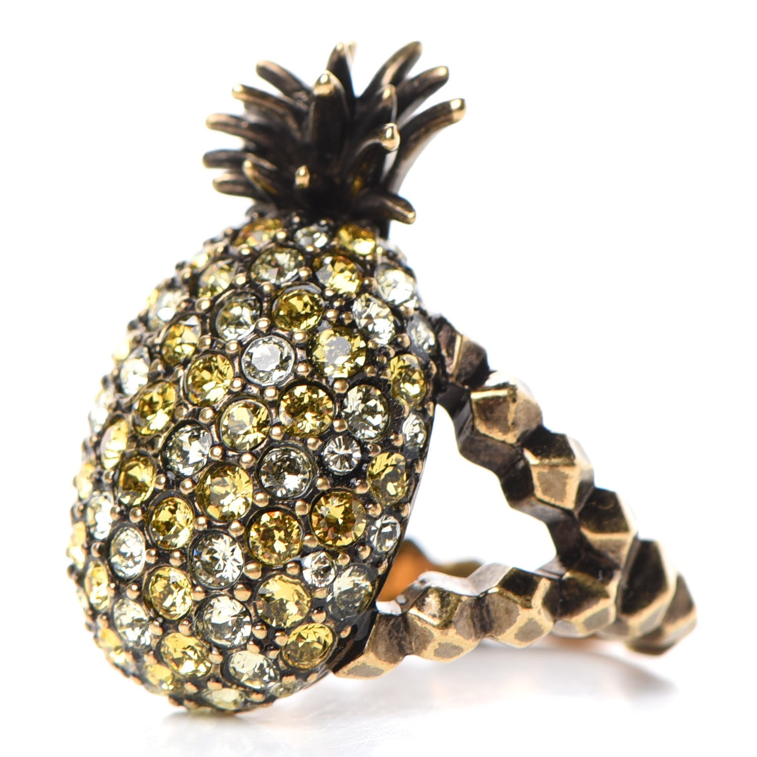 Gucci Metal Crystal Pineapple Motif Ring L Aged Gold 3 of 6