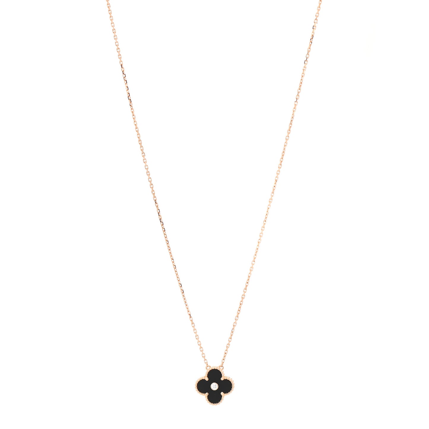 18K Rose Gold Diamond Black Onyx Vintage Alhambra Pendant Necklace