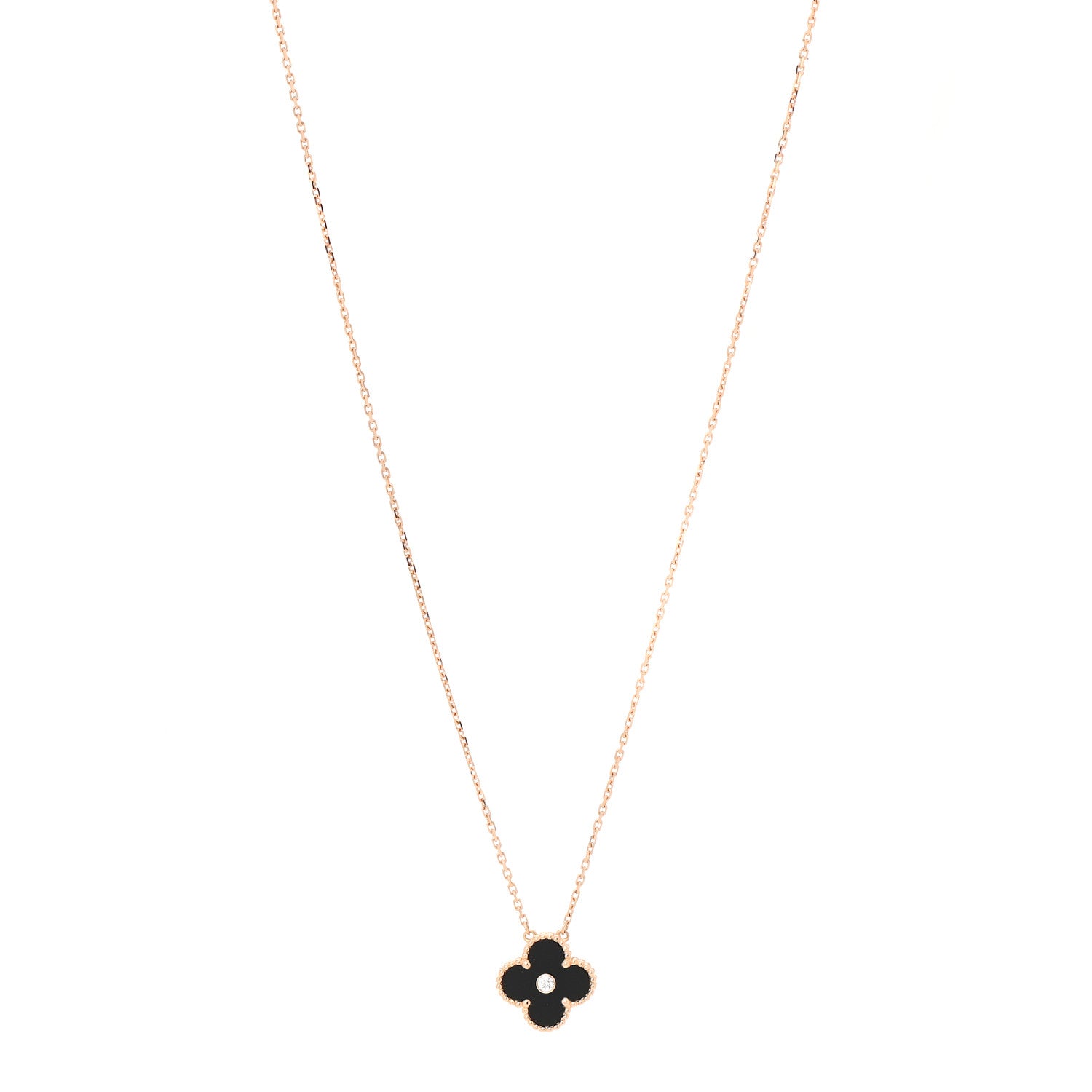 Van Cleef & Arpels 18K Rose Gold Diamond Black Onyx Vintage Alhambra Pendant Necklace 1 of 8