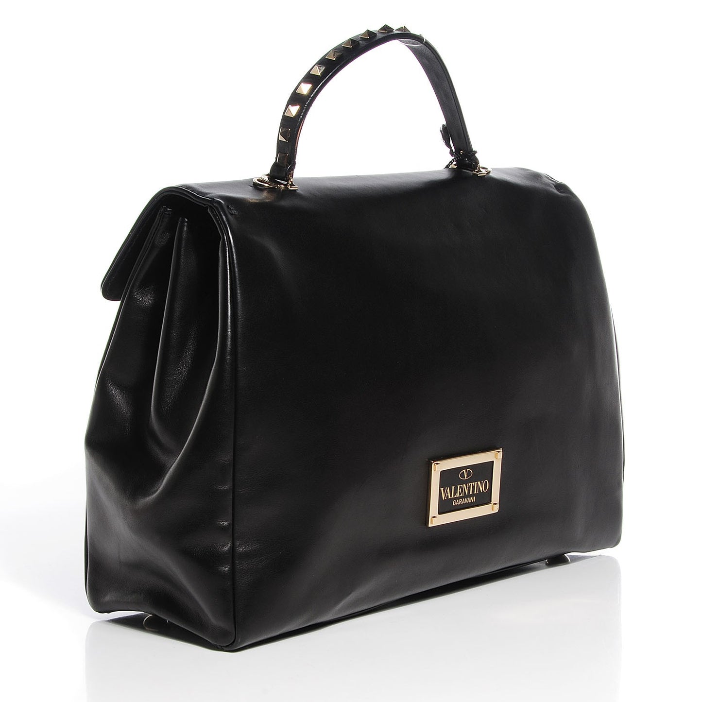 Vitello Large Rockstud Single Handle Flap Satchel Black