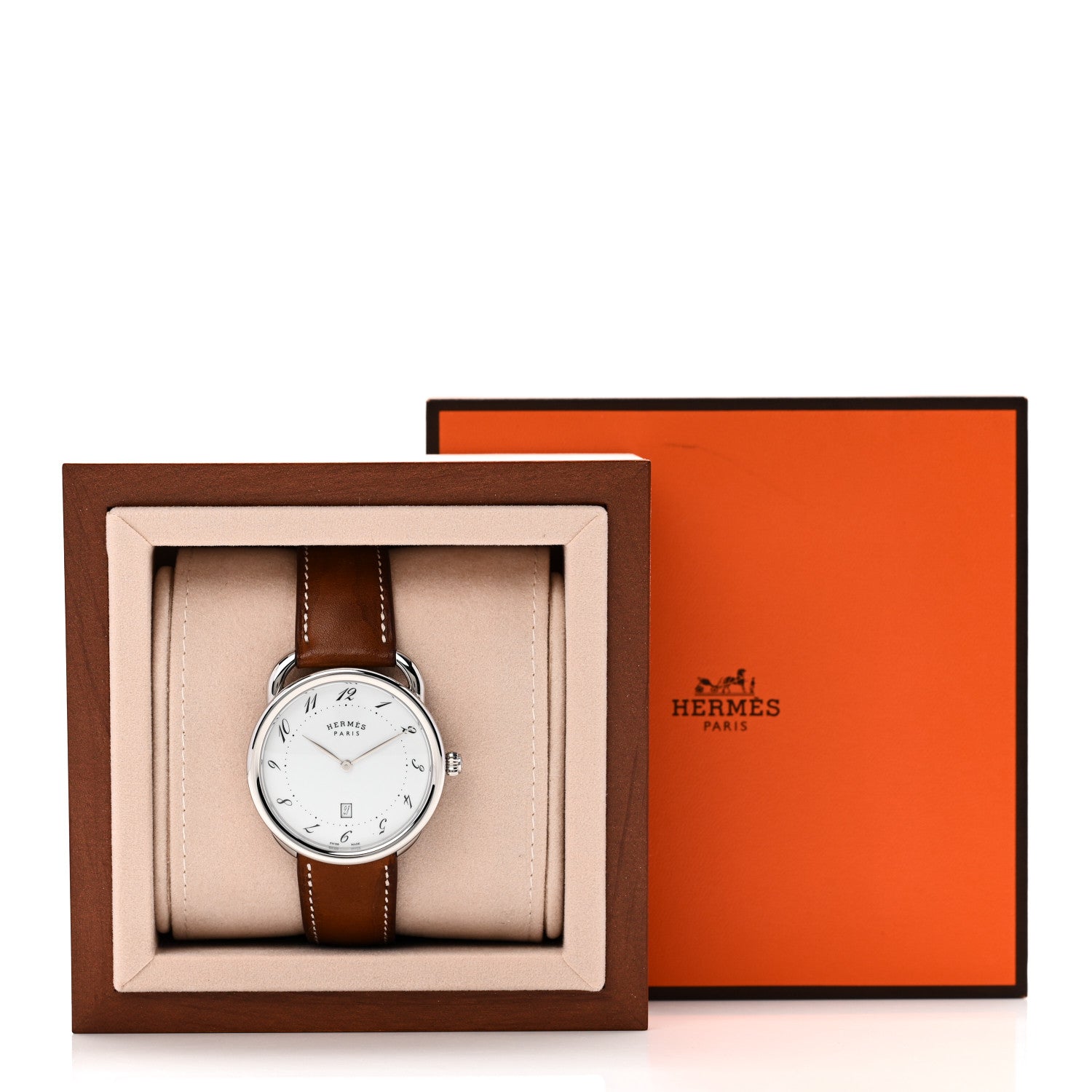 HERMES ブラウンレザー スクエアウォッチ正規品★ Hermes Stainless Steel Barenia 40mm Arceau Quartz Watch Fauve