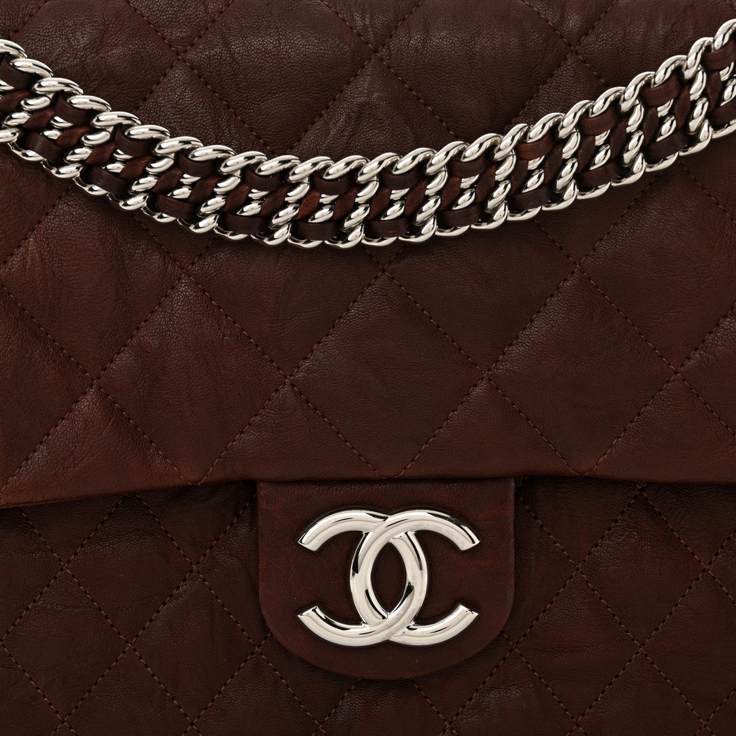 Washed Lambskin Quilted Chain Around Maxi Flap Dark Brown