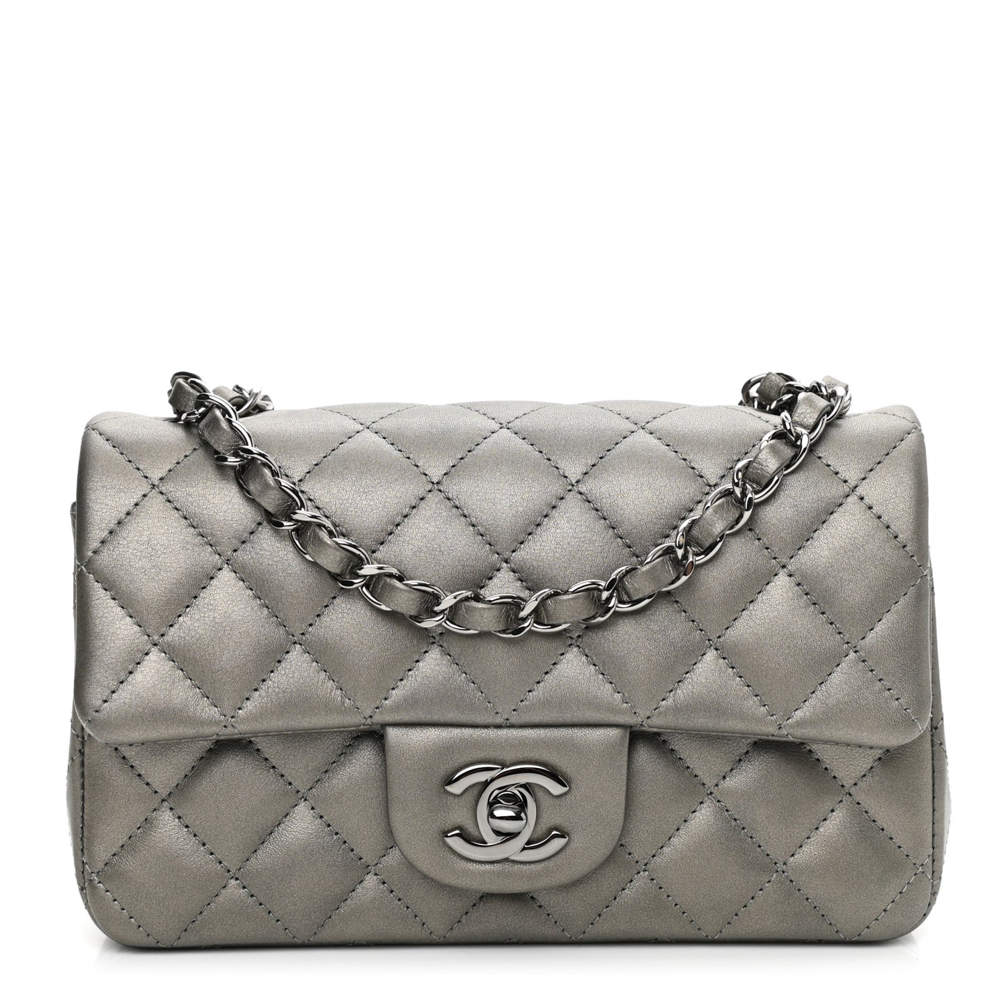 Iridescent Calfskin Quilted Mini Rectangular Flap Charcoal Grey