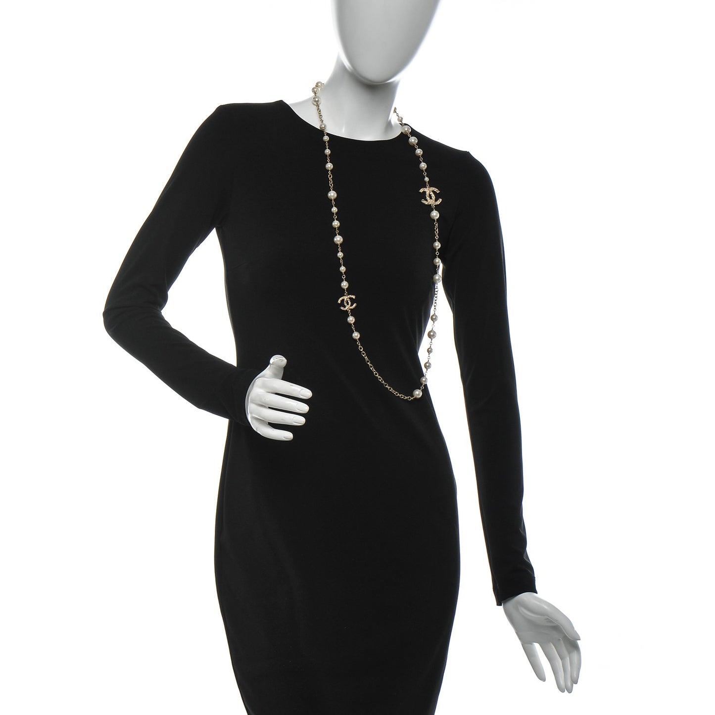 Graduated Pearl Crystal Twisted CC Long Necklace Gold