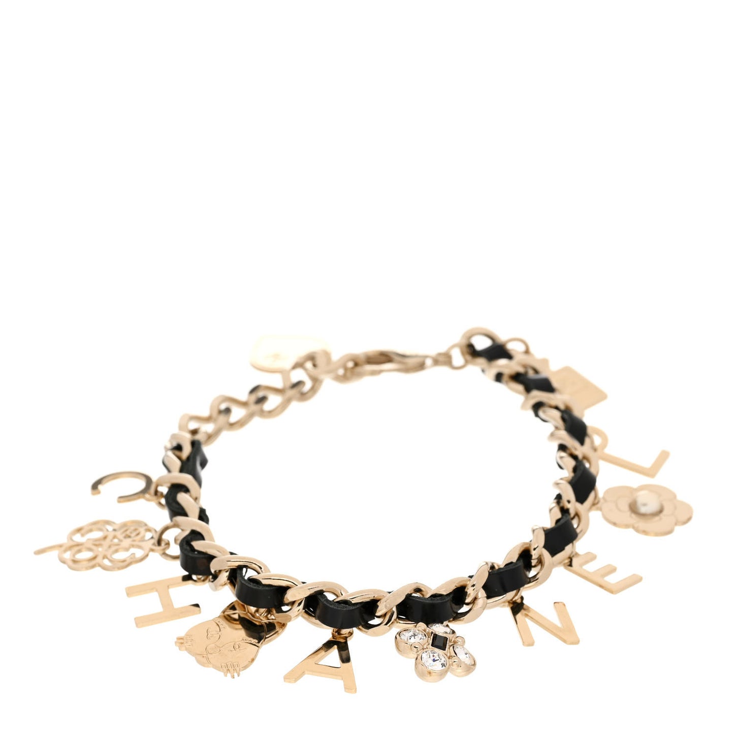 Metal Lambskin Crystal Chain CC Charms Bracelet Gold Black
