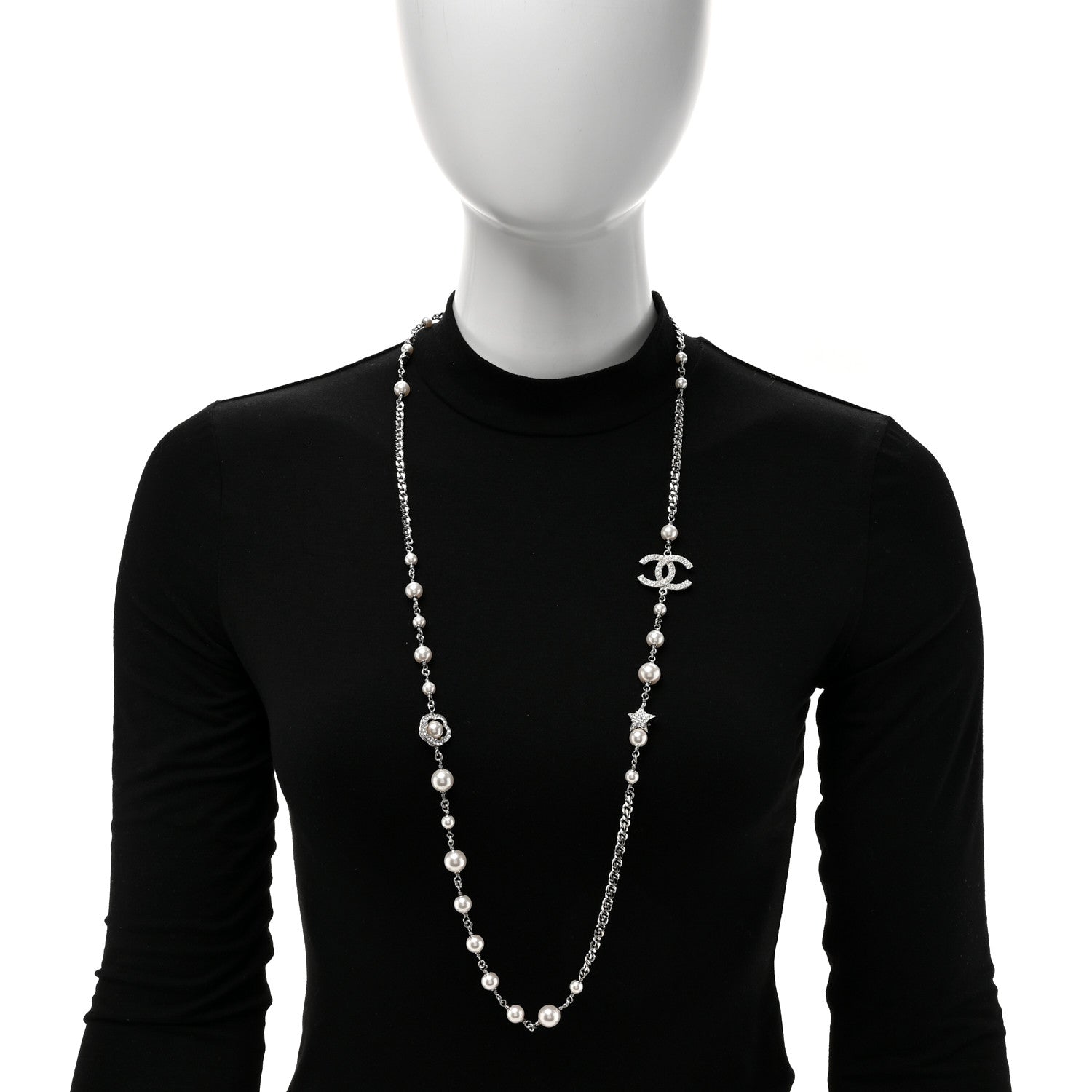 Chanel Pearl Crystal CC Starfall Necklace Silver 2 of 5
