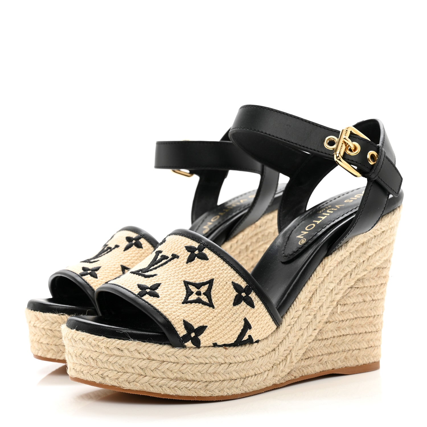 Louis Vuitton Cotton Monogram Embroidered Starboard Wedge Espadrilles 39 Black 3 of 8