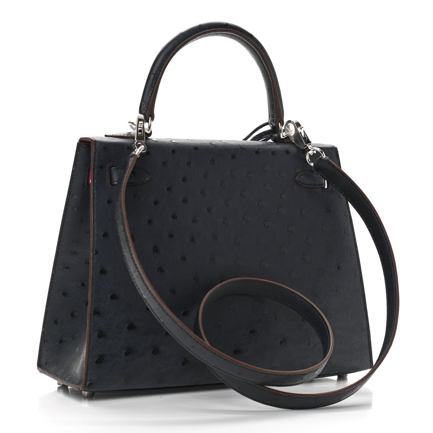 Hermes Ostrich Horseshoe Kelly Sellier 25 Bleu Indigo Rose Tyrien 3 of 11