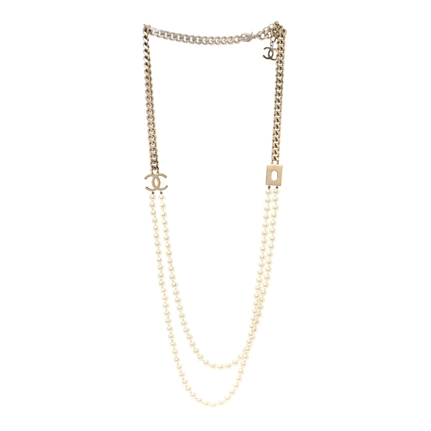 Pearl Chain CC Long Necklace Gold