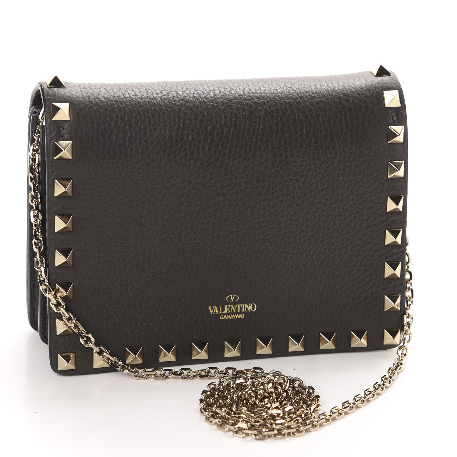 Valentino Garavani Grained Calfskin Rockstud Wallet on Chain Graphite 3 of 9