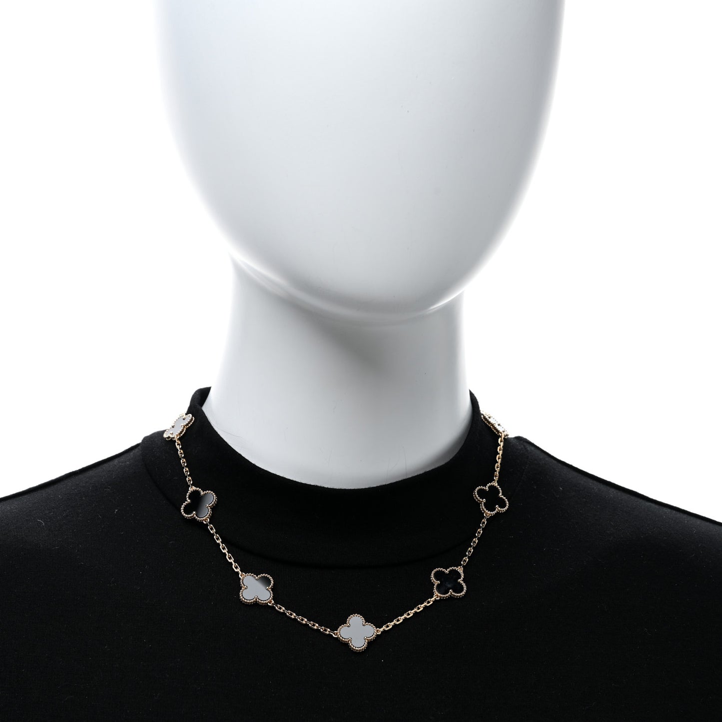 18K Yellow Gold Black Onyx 10 Motifs Vintage Alhambra Necklace