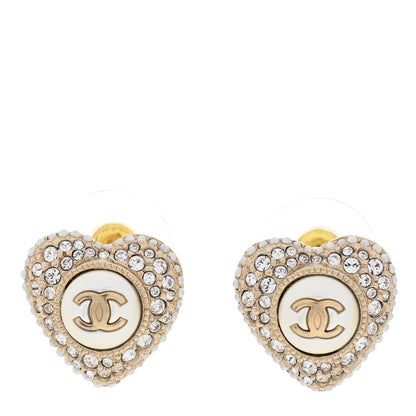 Chanel Pearl Crystal CC Heart Earrings Gold White 1 of 5