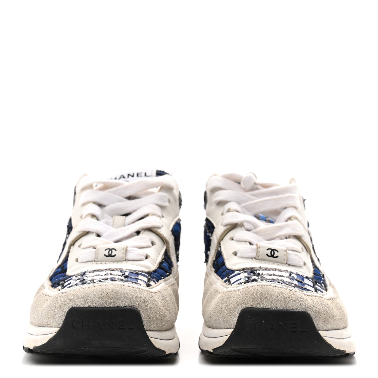 Chanel Tweed Suede Calfskin Womens CC Sneakers 37 Dark Blue Black Grey White 3 of 9