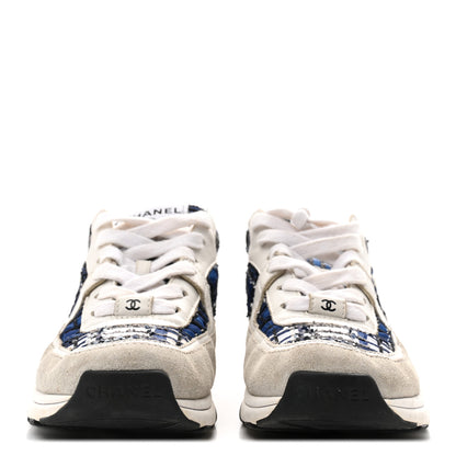 Chanel Tweed Suede Calfskin Womens CC Sneakers 37 Dark Blue Black Grey White 3 of 9
