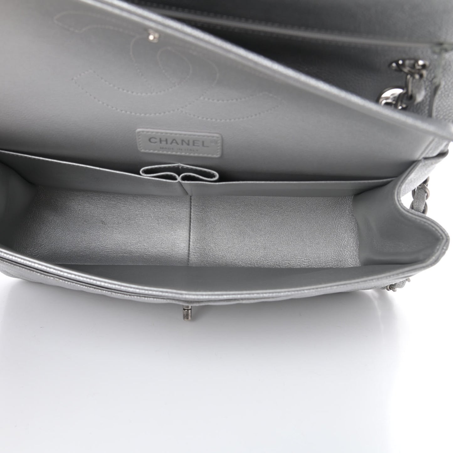 Metallic Caviar Quilted Jumbo Double Flap Silver