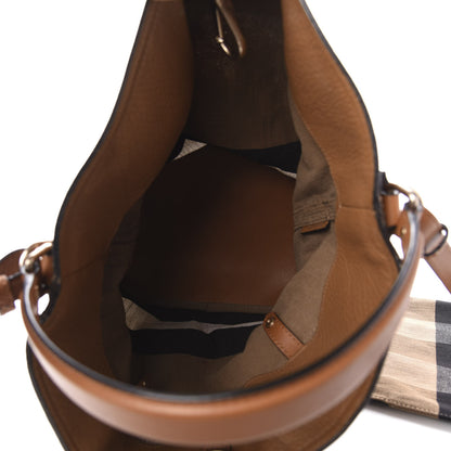 Burberry Grainy Calfskin Canvas Mega Check Medium Ashby Tassel Hobo Saddle Brown 6 of 14
