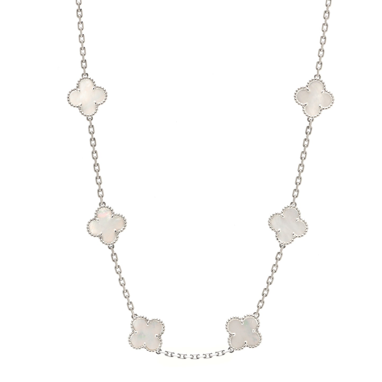 18K White Gold Mother of Pearl 10 Motifs Vintage Alhambra Necklace