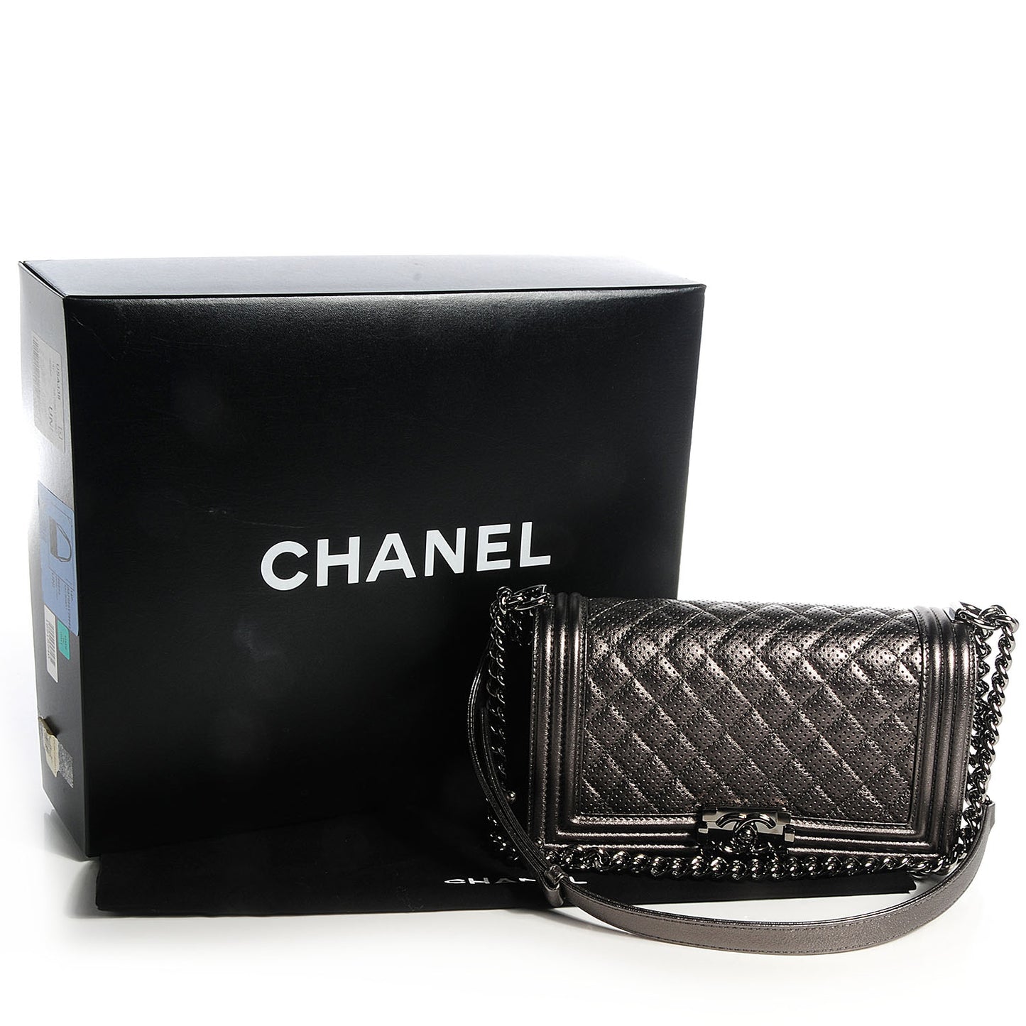 Metallic Lambskin Perforated Medium Boy Flap Dark Silver