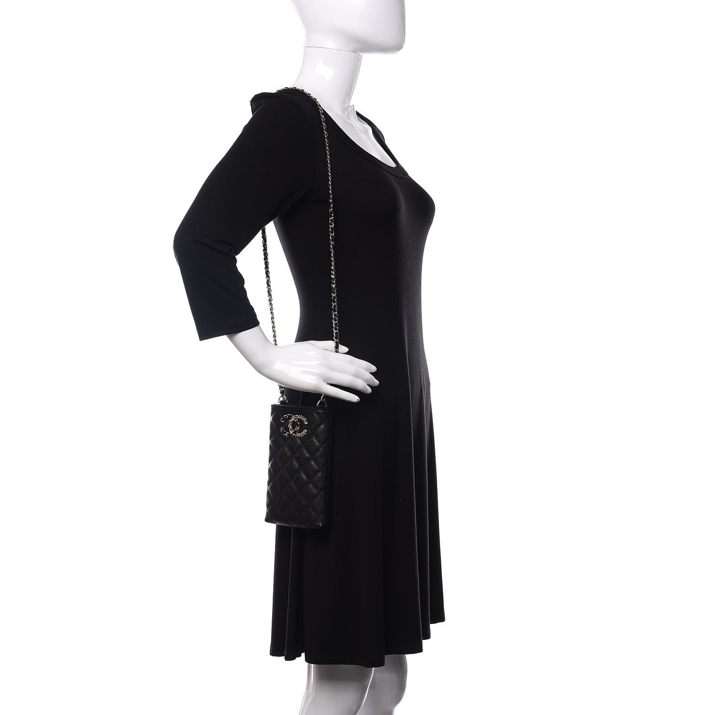 Caviar Quilted French New Wave Phone Holder With Chain Black