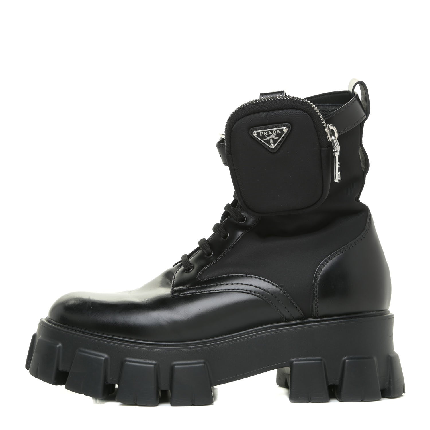 Prada Spazzolato Rois Nylon Metal Triangle Logo Monolith Pouch Pocket 55mm Boots 39.5 Black 1 of 20