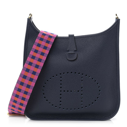 Hermes Taurillon Clemence Quadrille Evelyne III PM Bleu Nuit Bleu Saphir Anemone Capucine 1 of 10