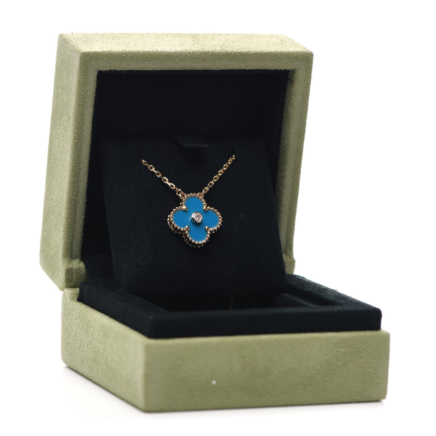 18K Yellow Gold Diamond Celestial Blue Sevres Porcelain Vintage Alhambra Pendant Necklace