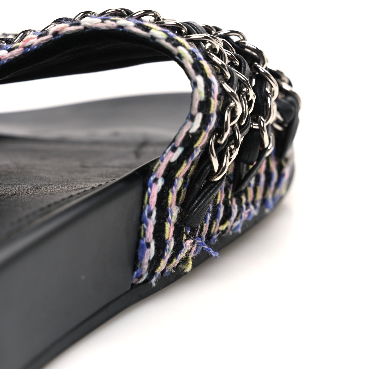 Tweed Lambskin Chain Flat Sandals 37 Black Multicolor